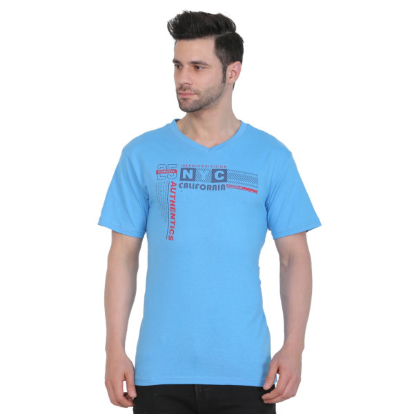 Dropship Men's Cotton Jersey V Neck Printed Tshirt (Turquoise Blue)