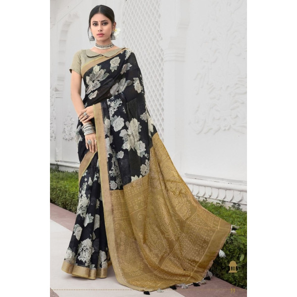 Dropship Women's Cotton Printed Saree With Blouse (Black, 5-6 Mtrs)