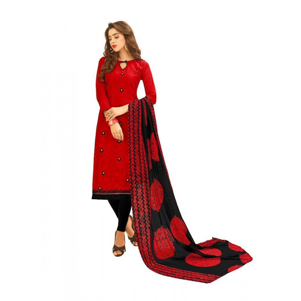 Dropship Women's Cotton Jacquard Unstitched Salwar-Suit Material With Dupatta (Red, 2-2.5mtrs)