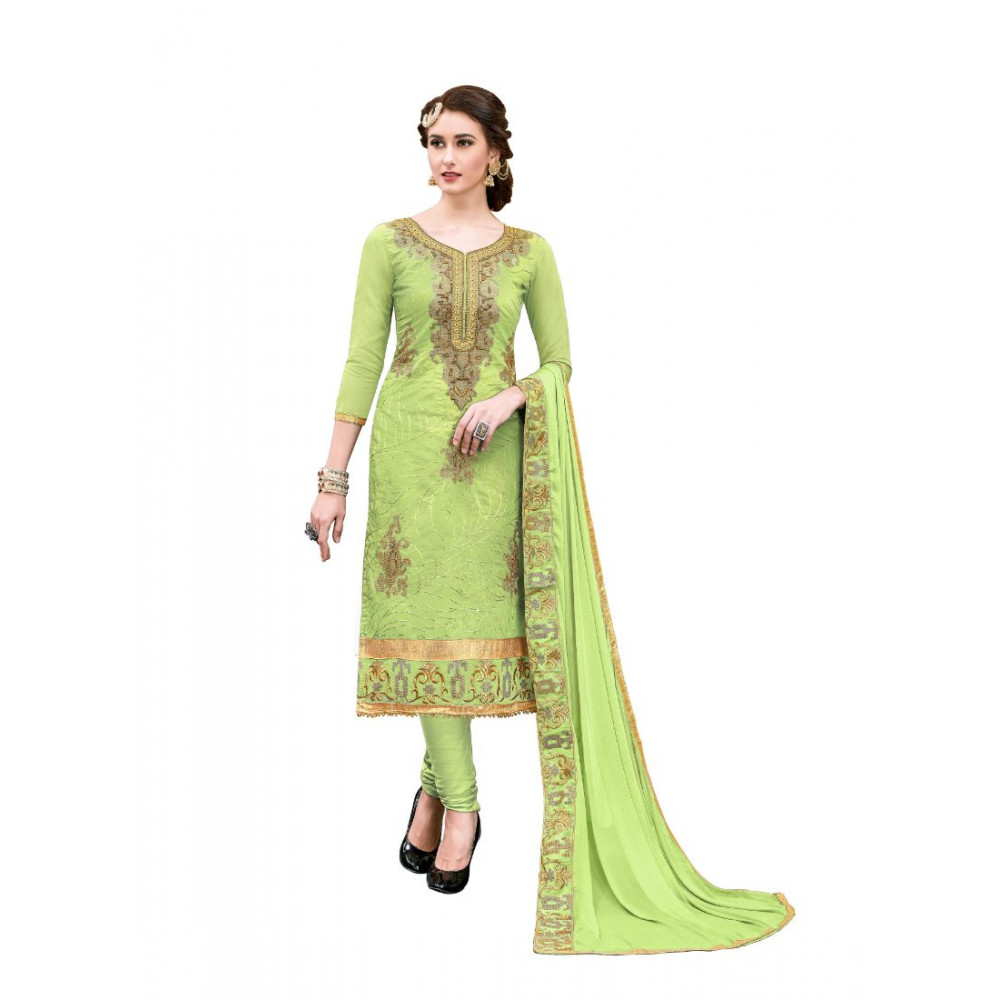 Dropship Women's Chanderi Cotton Unstitched Salwar-Suit Material With Dupatta (Green, 2-2.5mtrs)