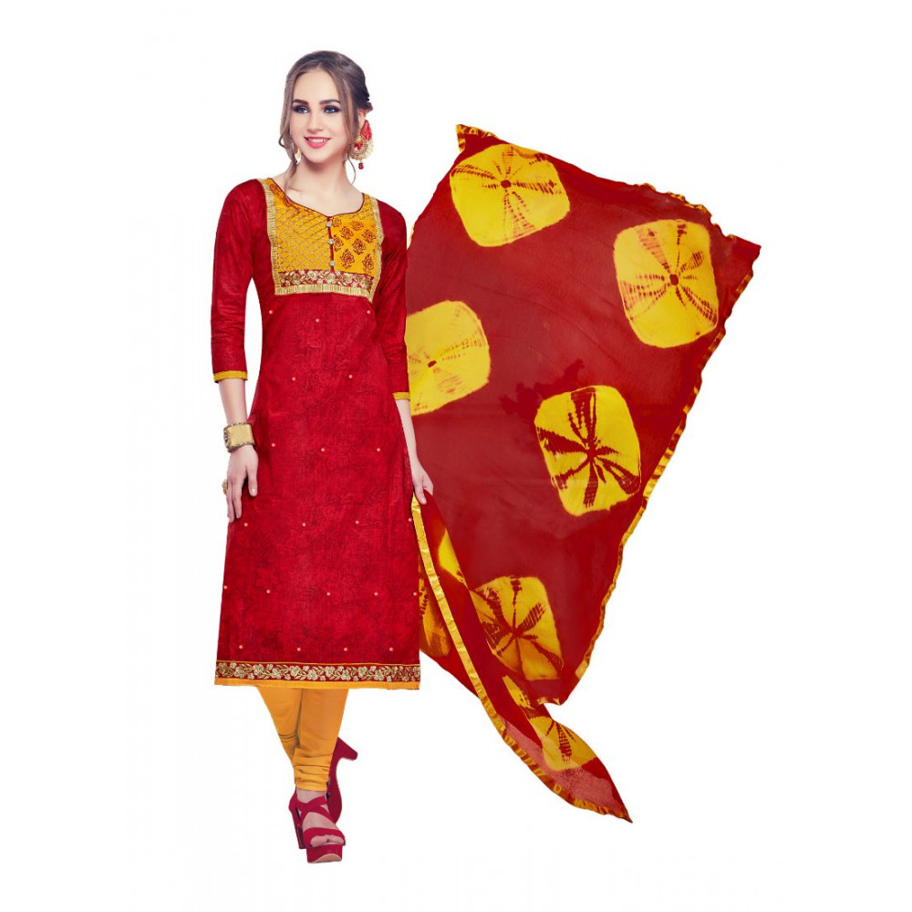 Dropship Women's Cotton Unstitched Salwar-Suit Material With Dupatta (Red, 2-2.5mtrs)