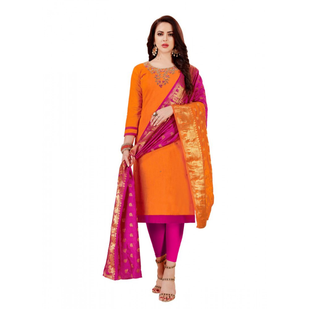 Dropship Women's Slub Cotton Unstitched Salwar-Suit Material With Dupatta (Oranage, 2-2.5mtrs)