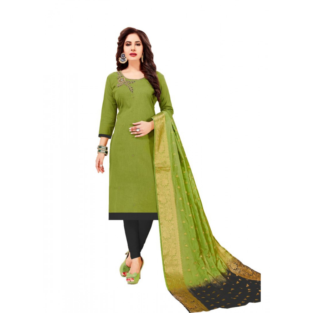 Dropship Women's Slub Cotton Unstitched Salwar-Suit Material With Dupatta (Green, 2-2.5mtrs)