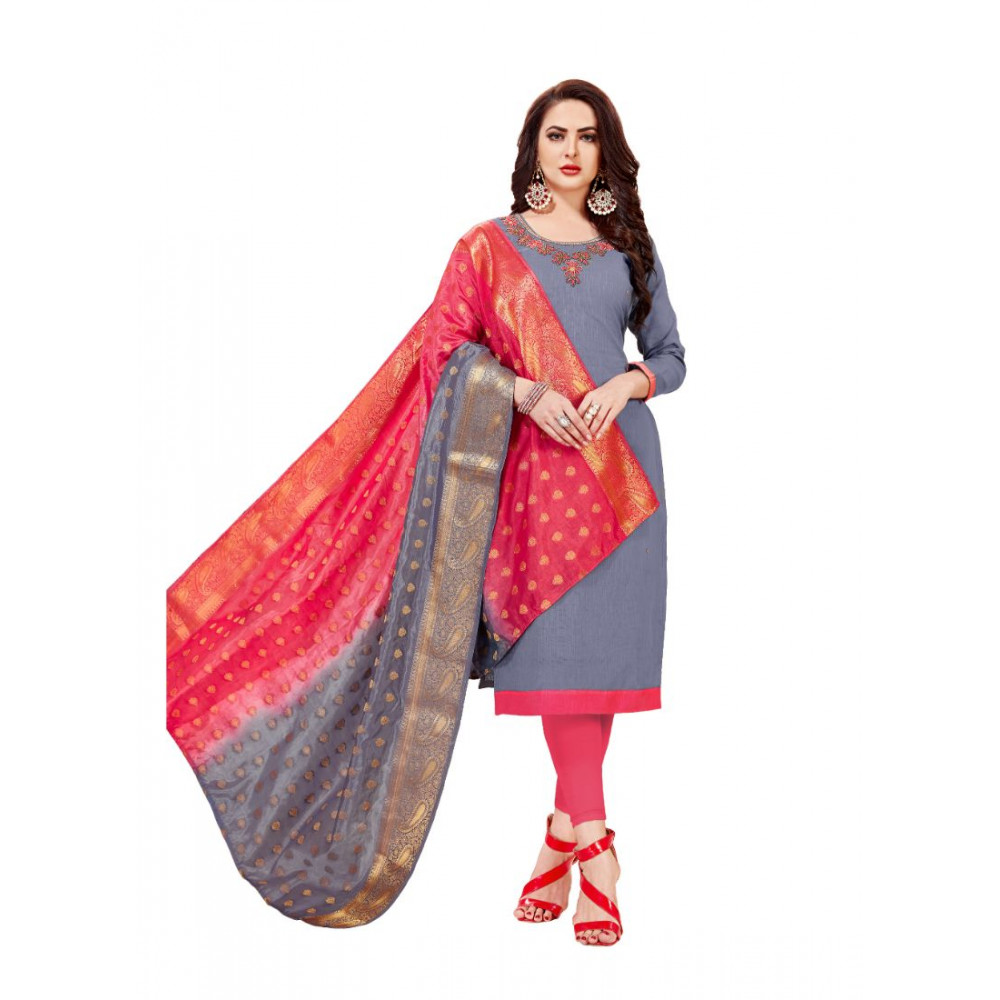 Dropship Women's Slub Cotton Unstitched Salwar-Suit Material With Dupatta (Grey, 2-2.5mtrs)