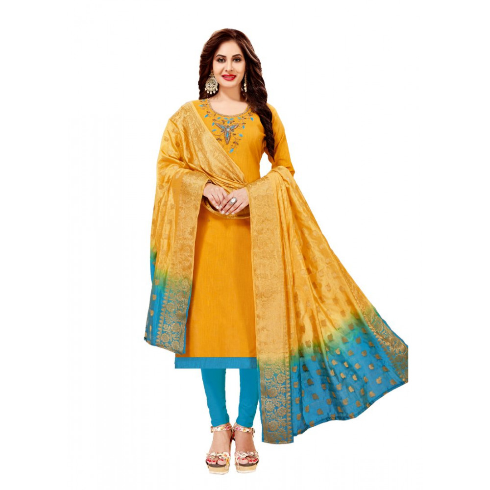 Dropship Women's Slub Cotton Unstitched Salwar-Suit Material With Dupatta (Yellow, 2-2.5mtrs)