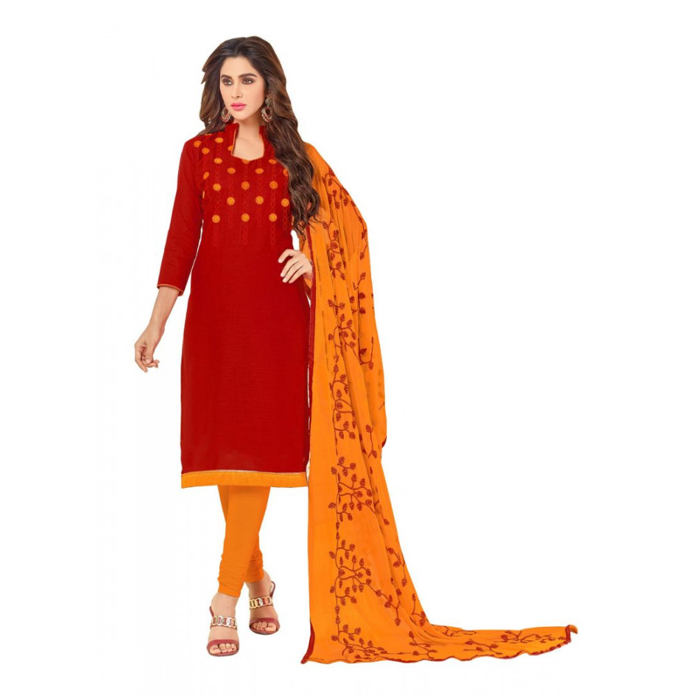 Dropship Women's Slub Cotton Unstitched Salwar-Suit Material With Dupatta (Red, 2 Mtr)