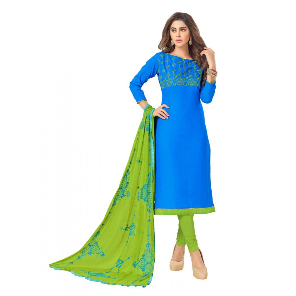 Dropship Women's Slub Cotton Unstitched Salwar-Suit Material With Dupatta (Sky Blue, 2 Mtr)