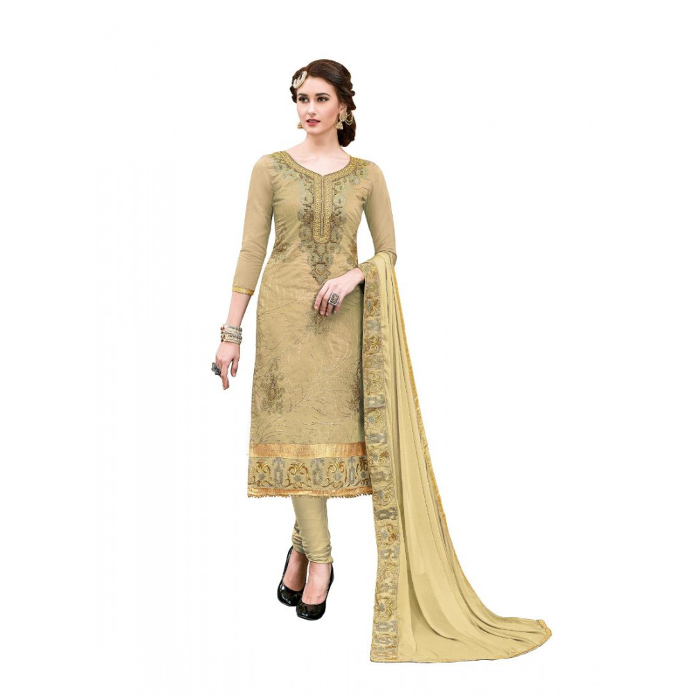 Dropship Women's Chanderi Cotton Unstitched Salwar-Suit Material With Dupatta (Beige, 2.20 Mtr)