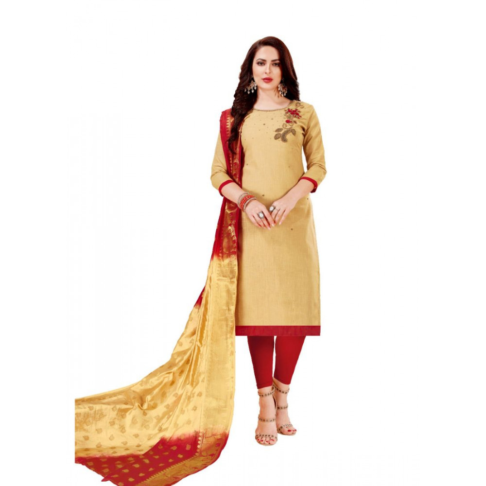 Dropship Women's Slub Cotton Unstitched Salwar-Suit Material With Dupatta (Beige, 2 Mtr)