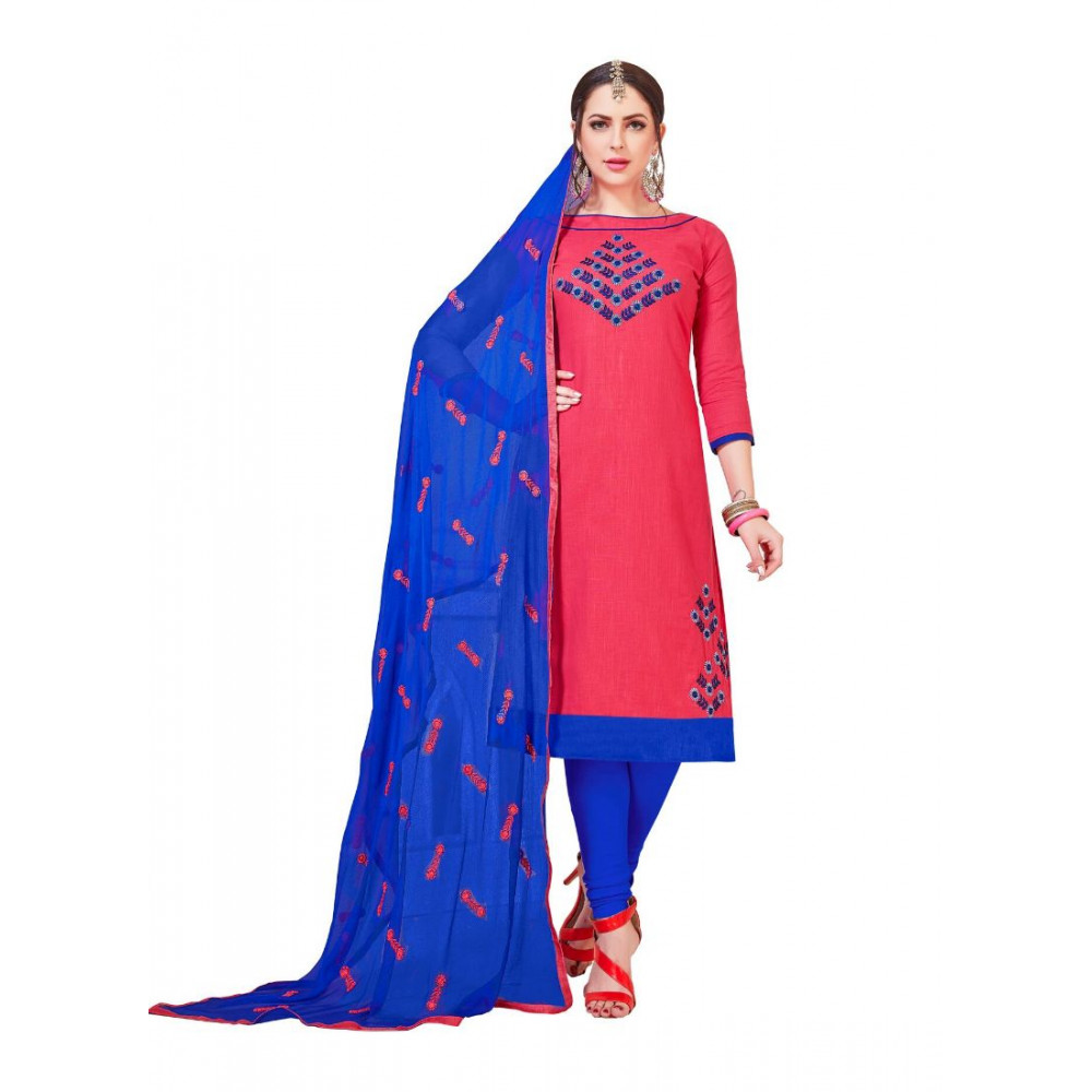 Dropship Women's Slub Cotton Unstitched Salwar-Suit Material With Dupatta (Pink, 2 Mtr)