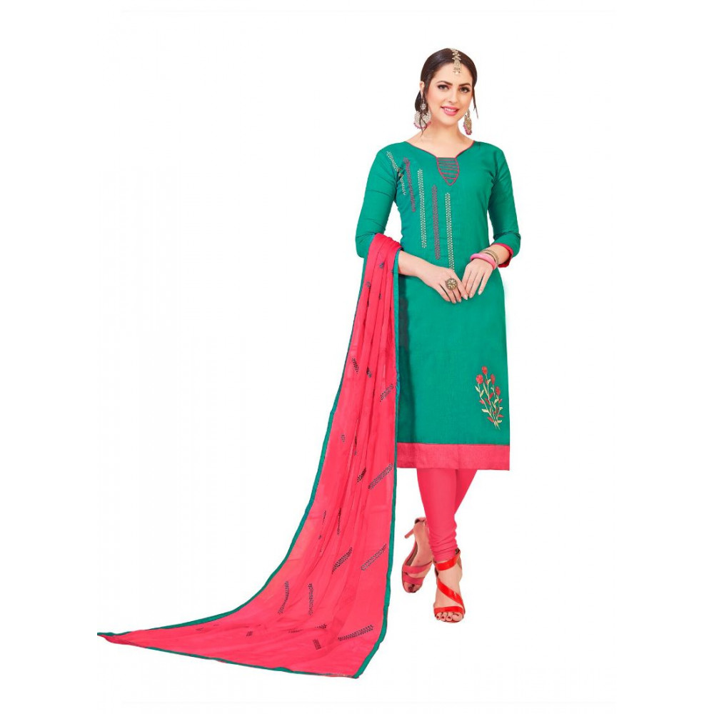 Dropship Women's Slub Cotton Unstitched Salwar-Suit Material With Dupatta (Turquoise, 2 Mtr)