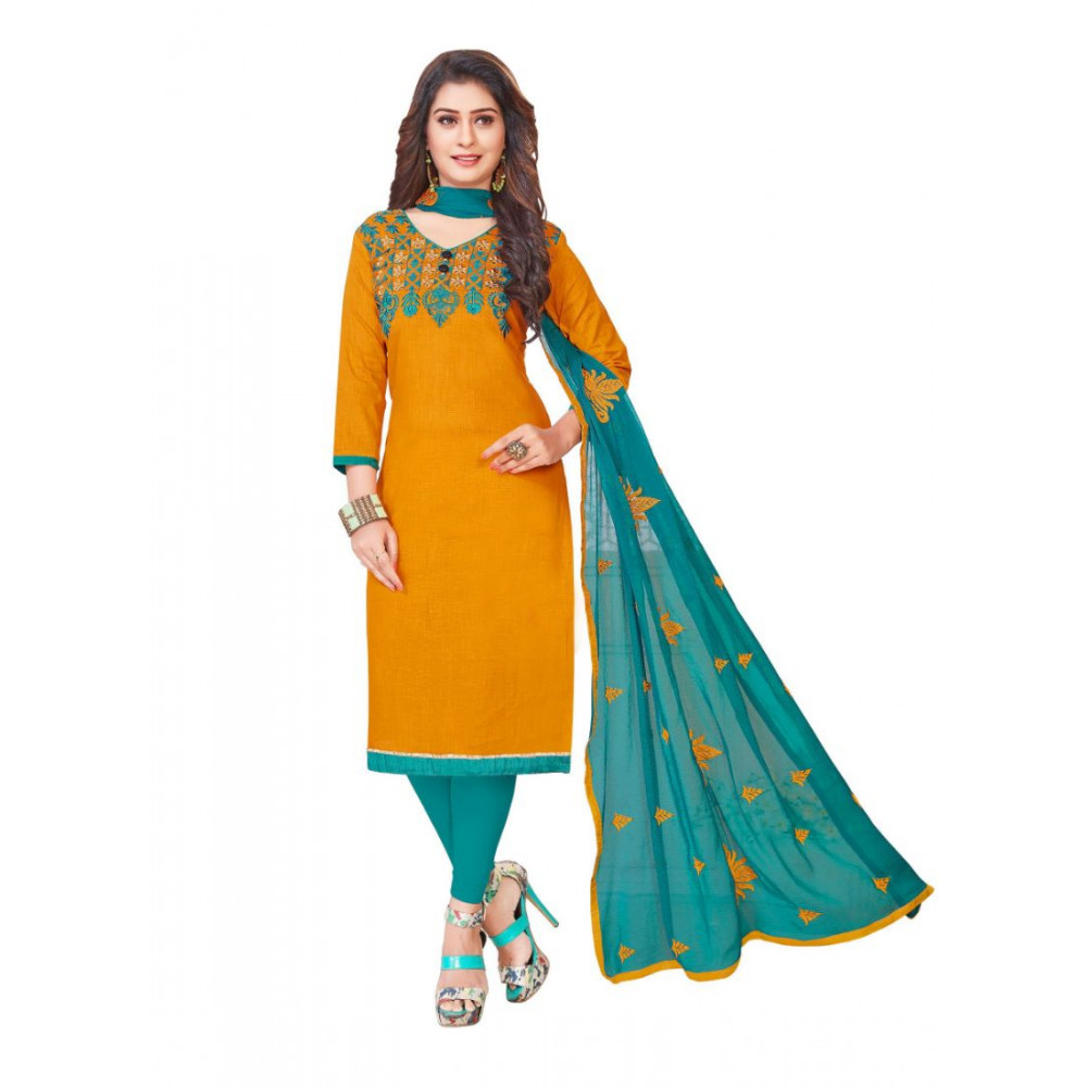 Dropship Women's Slub Cotton Unstitched Salwar-Suit Material With Dupatta (Orange, 2 Mtr)