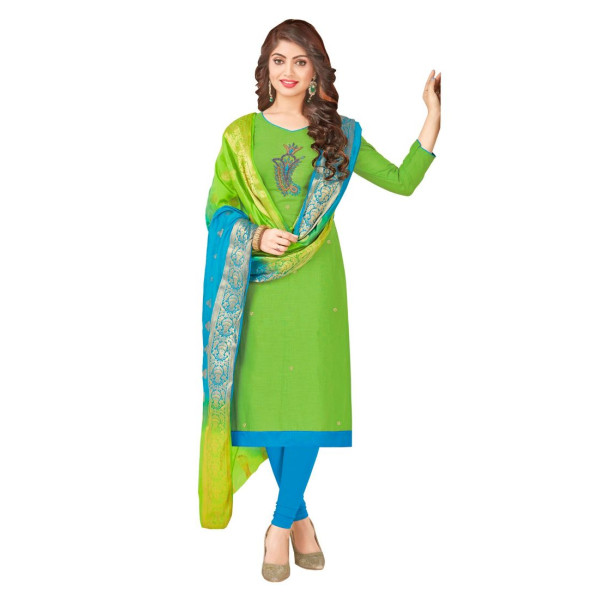 Dropship Women's South Slub Cotton Unstitched Salwar-Suit Material With Dupatta (Green, 2 Mtr)