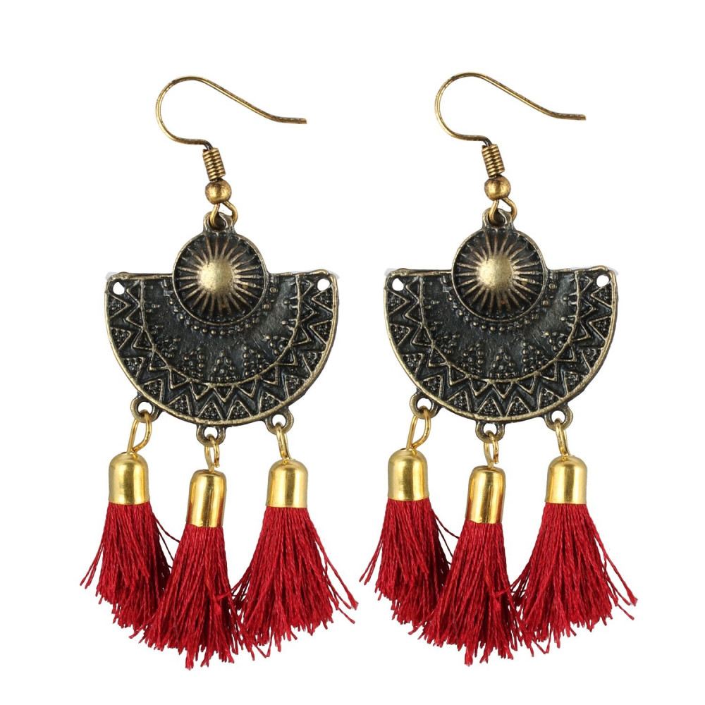 Dropship Women's Gold Plated Hook Dangler Hanging Tassel Earrings-Black