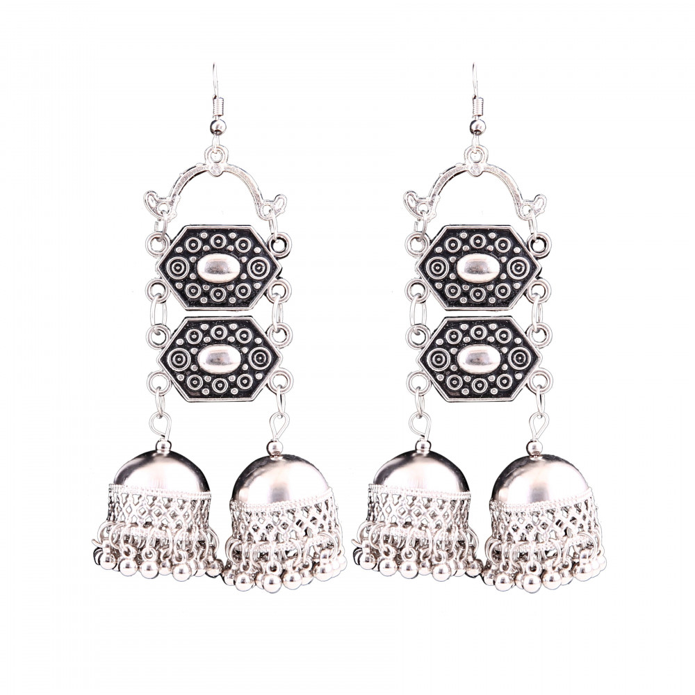Dropship Women's Silver Oxidized Hook Dangler Hanging Afgani Tribal Fancy Earrings-Silver