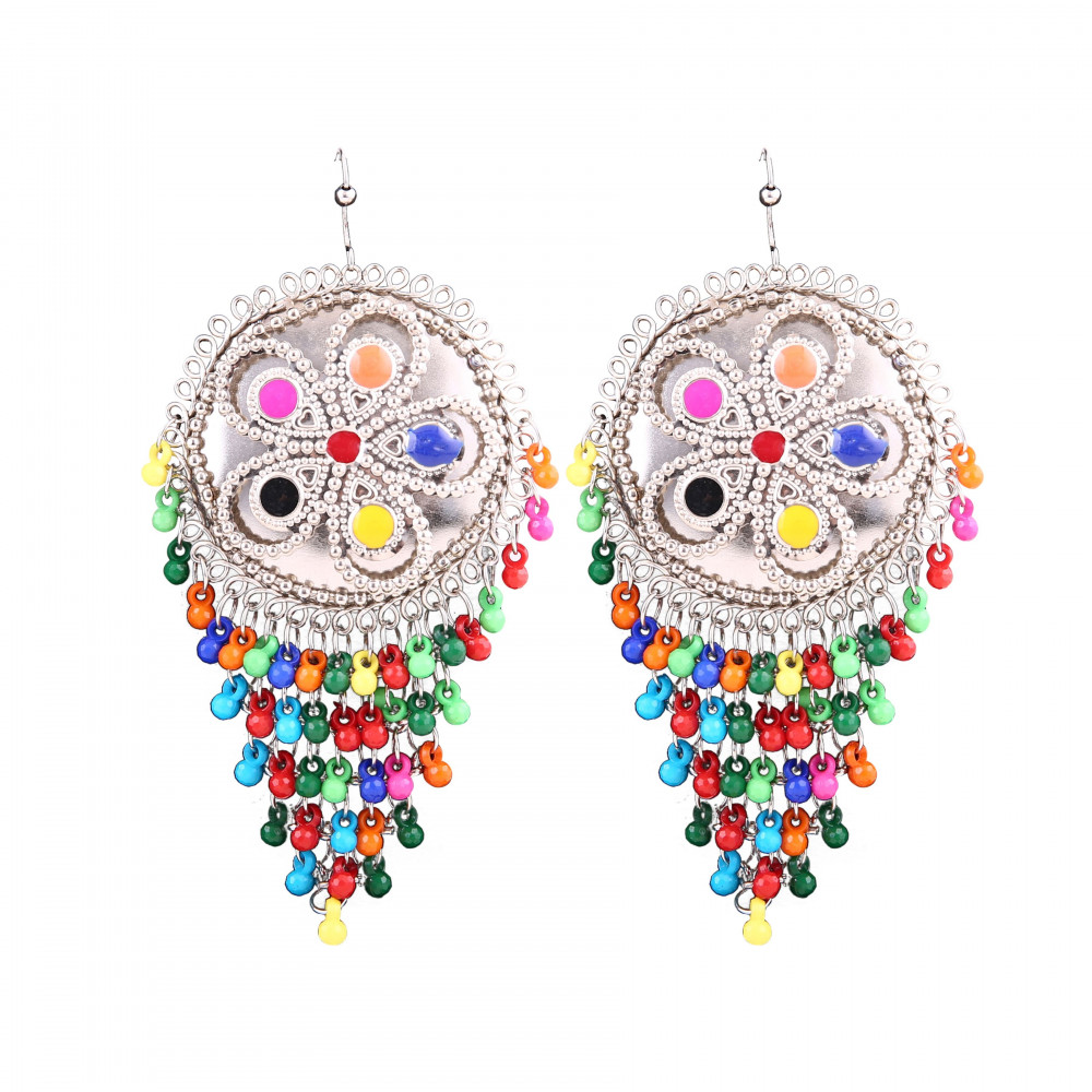 Dropship Women's Silver Oxidized Hook Dangler Hanging Afgani Tribal Fancy Earrings-Multicolour
