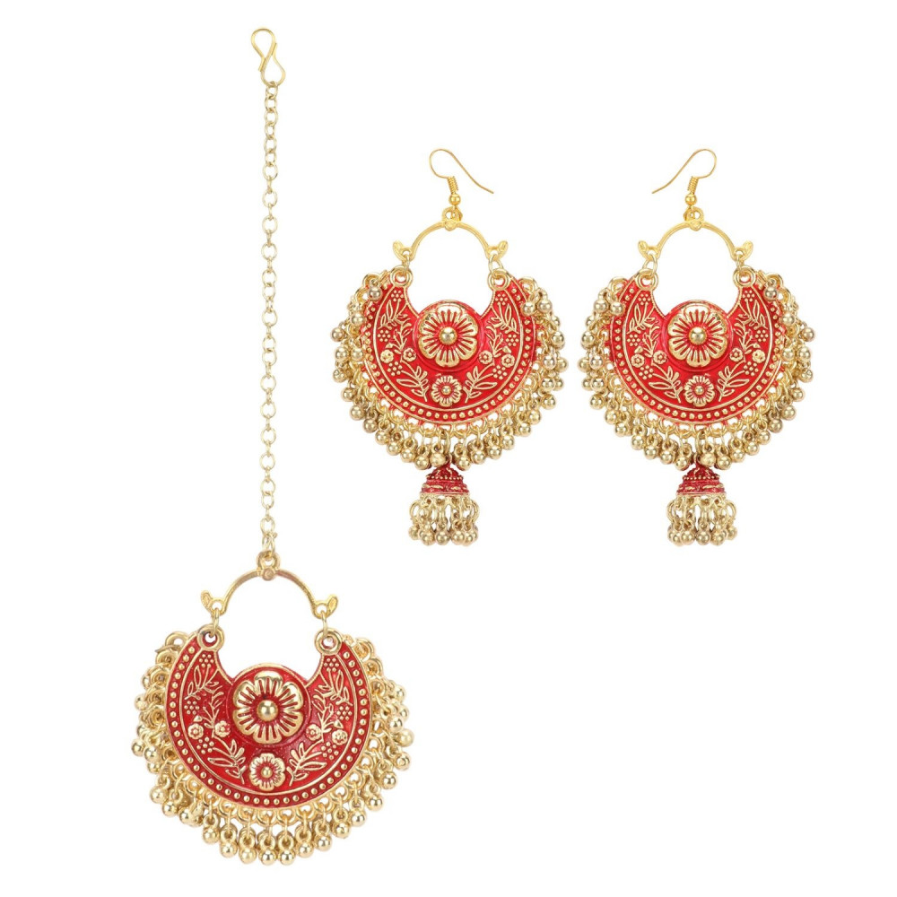Dropship Women's Gold Oxidized Earrings and  Maang Tikka-Red