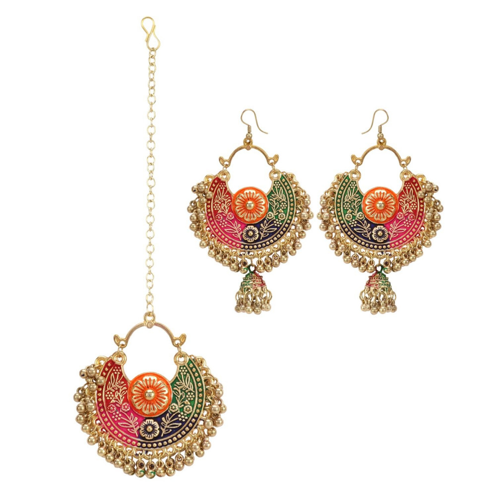 Dropship Women's Gold Oxidized Earrings and  Maang Tikka-Multi