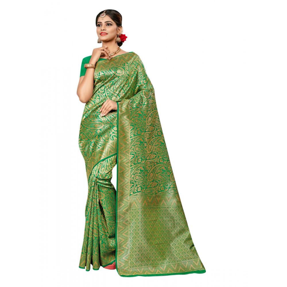 Dropship Women's Banarasi silk Saree with Blouse (Light green, 5-6mtr)
