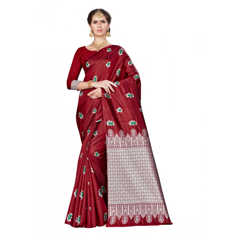 Dropship Women's Banarasi silk Saree with Blouse (Maroon, 5-6mtr)