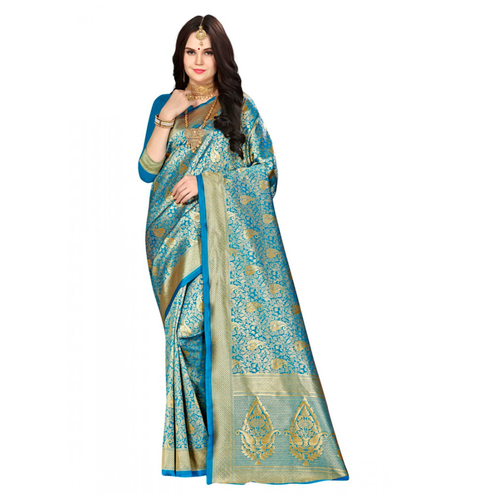 Dropship Women's Banarasi silk Saree with Blouse (Blue, 5-6mtr)