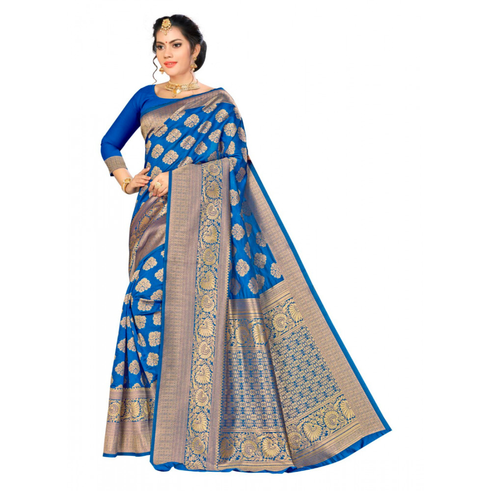 Dropship Women's Banarasi silk Saree with Blouse (Blue, 5-6mtr)