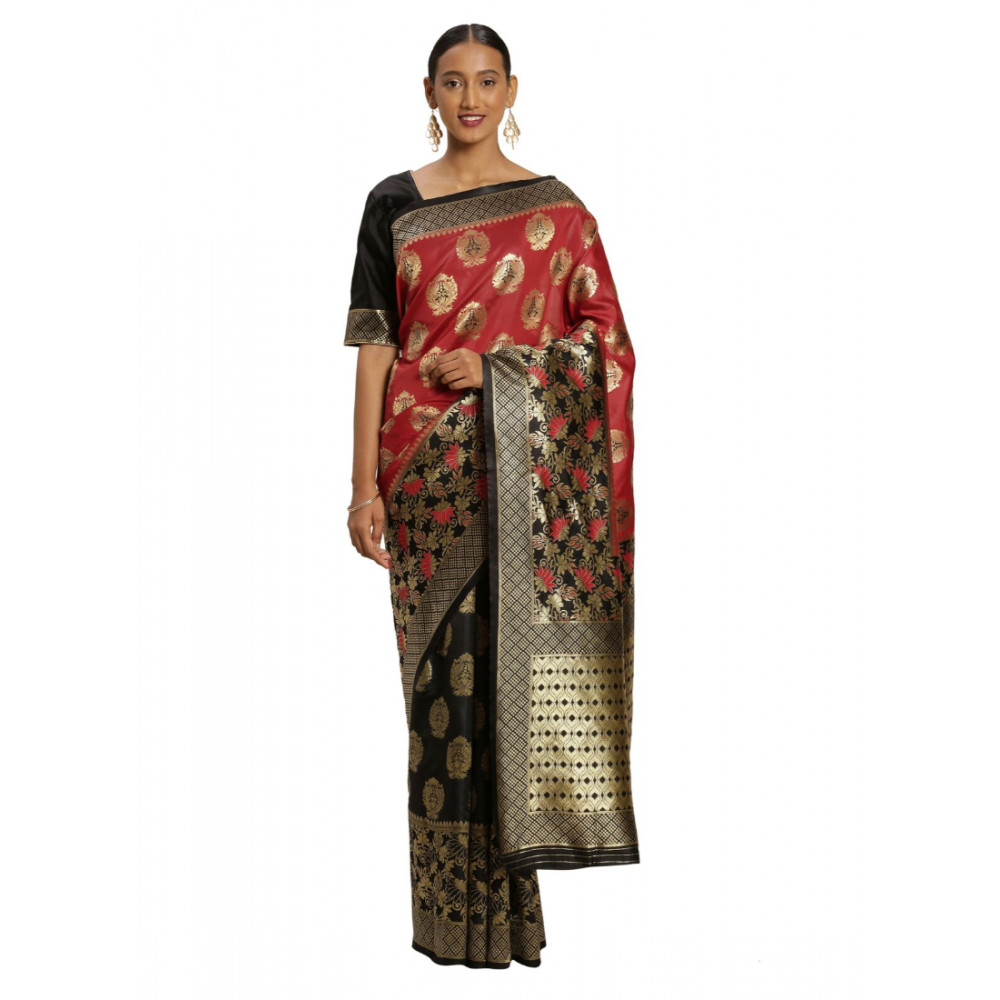 Dropship Women's Banarasi silk Saree with Blouse (Red,black, 5-6mtr)