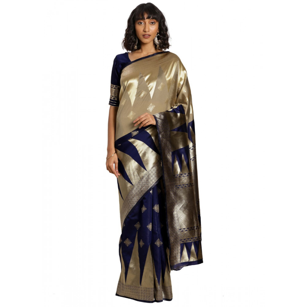 Dropship Women's Banarasi silk Saree with Blouse (Navy blue,beige, 5-6mtr)