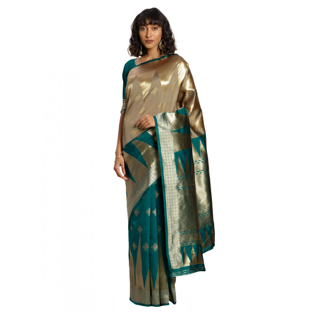 Dropship Women's Banarasi silk Saree with Blouse (Green,beige, 5-6mtr)