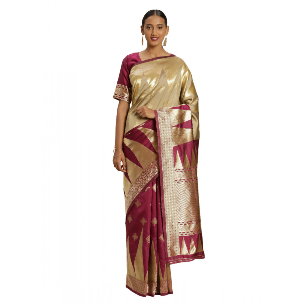 Dropship Women's Banarasi silk Saree with Blouse (Purple,beige, 5-6mtr)