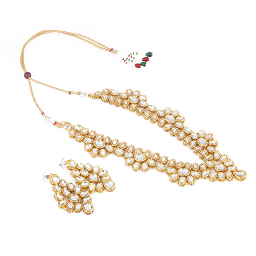 Dropship Golden Crystal Jewellery Kundan Necklace Set With Earrings