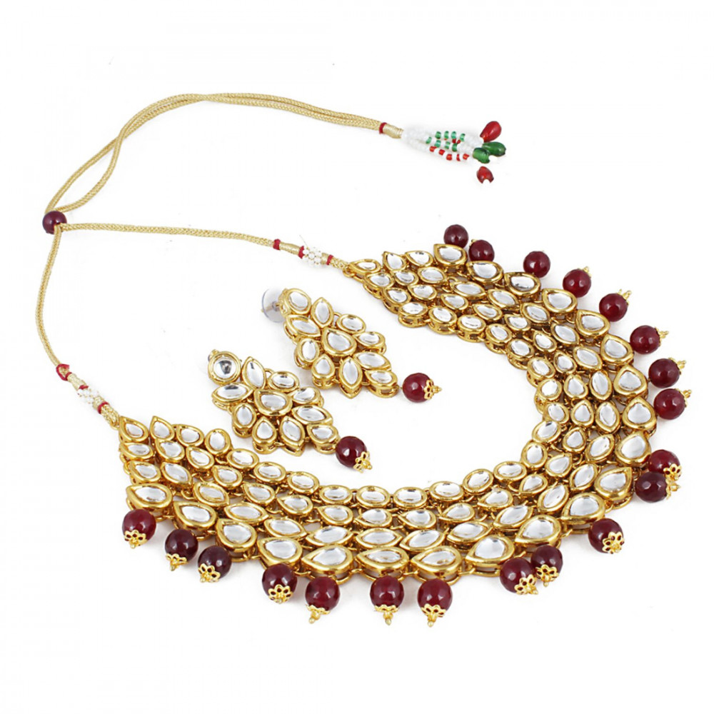 Dropship Maroon Gold-Plated Onyx Stone Kundan Necklace Set with Earrings