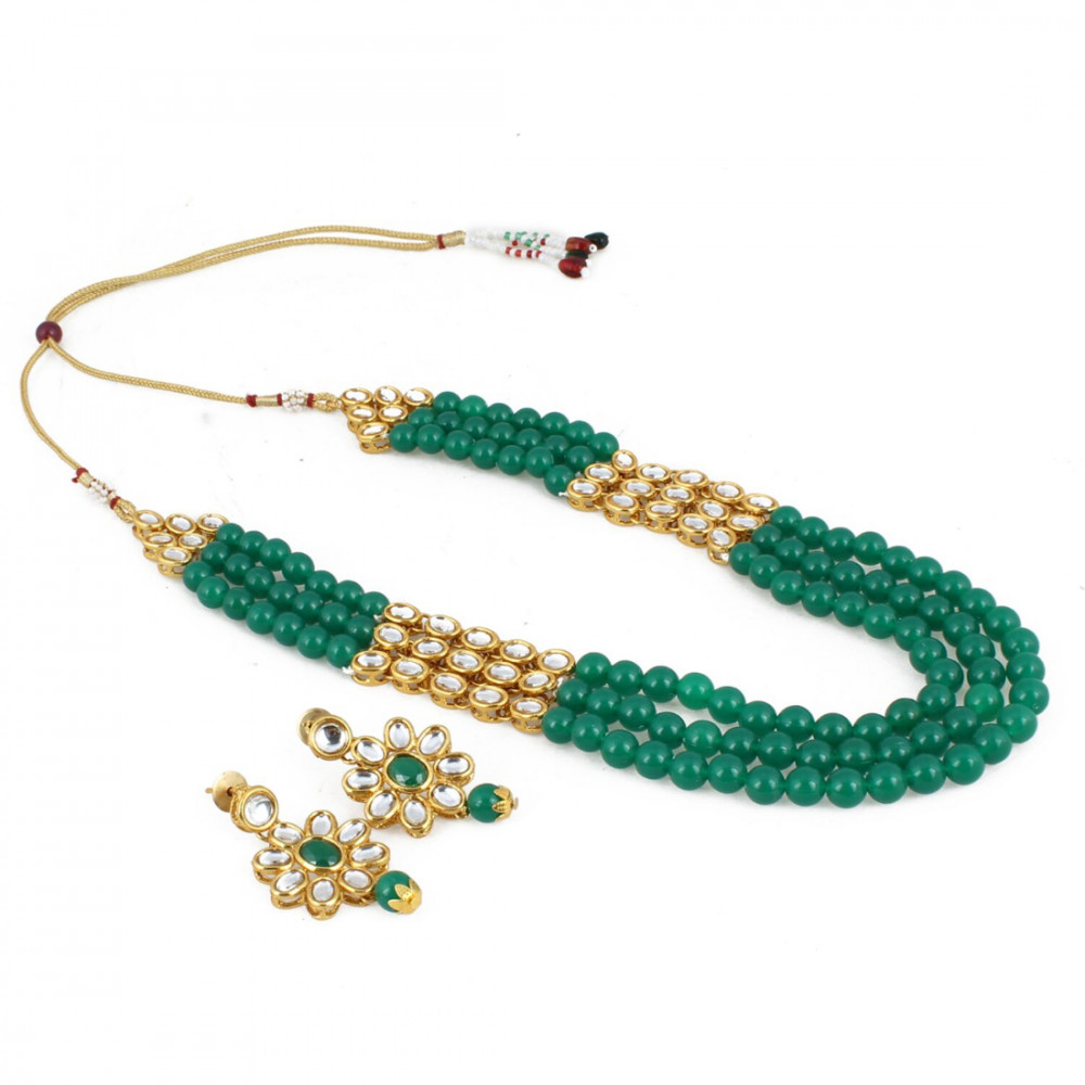 Dropship Three Layer Gold Plated Green Kundan Necklace Set with Earrings