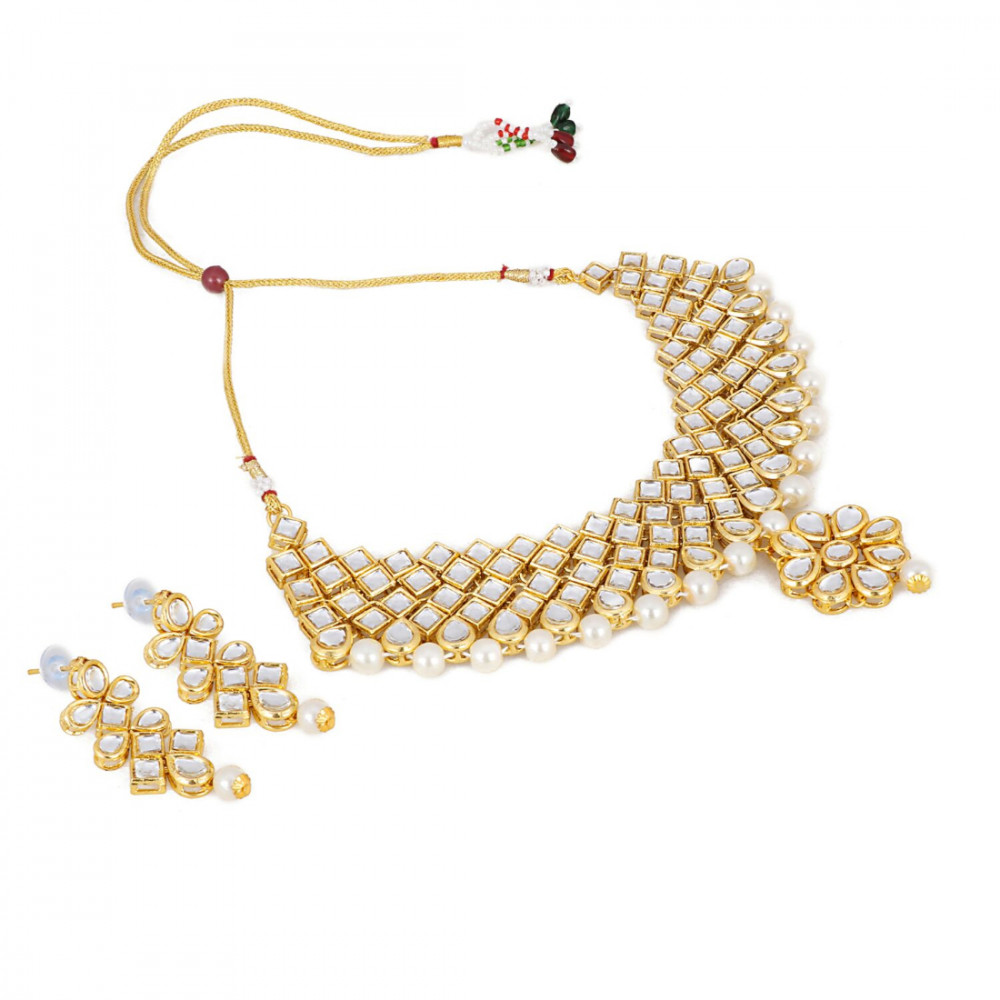 Dropship Gold Plated Traditional Kundan and Beads Choker Necklace Set with Earrings