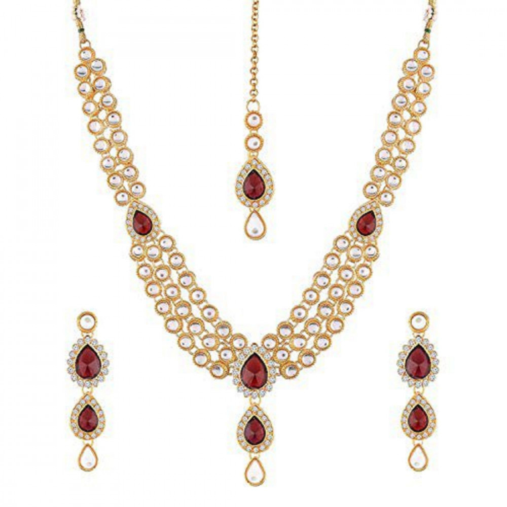 Dropship Traditional Layered Gold Plated Maroon Kundan Necklace with Earrings 
