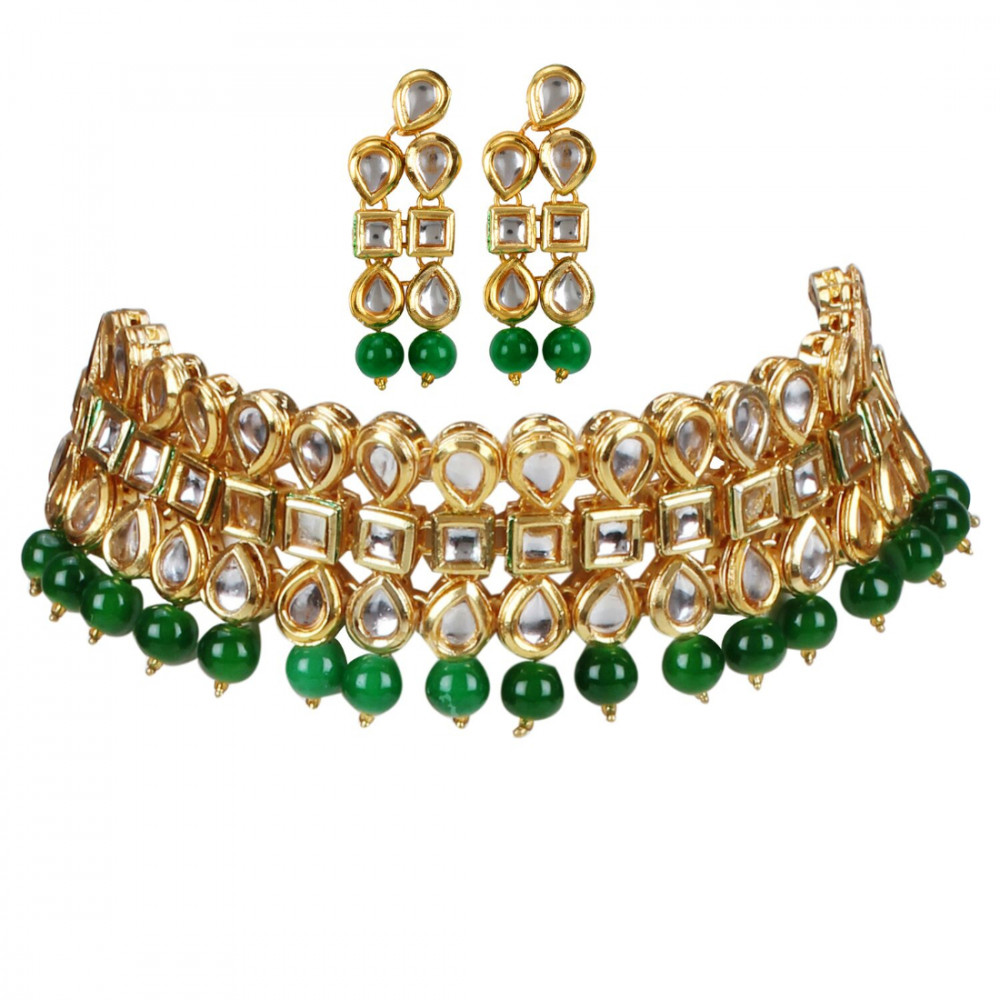 Dropship Elegant Gold Plated Bollywood Inspired Green Traditional Kundan Necklace Set
