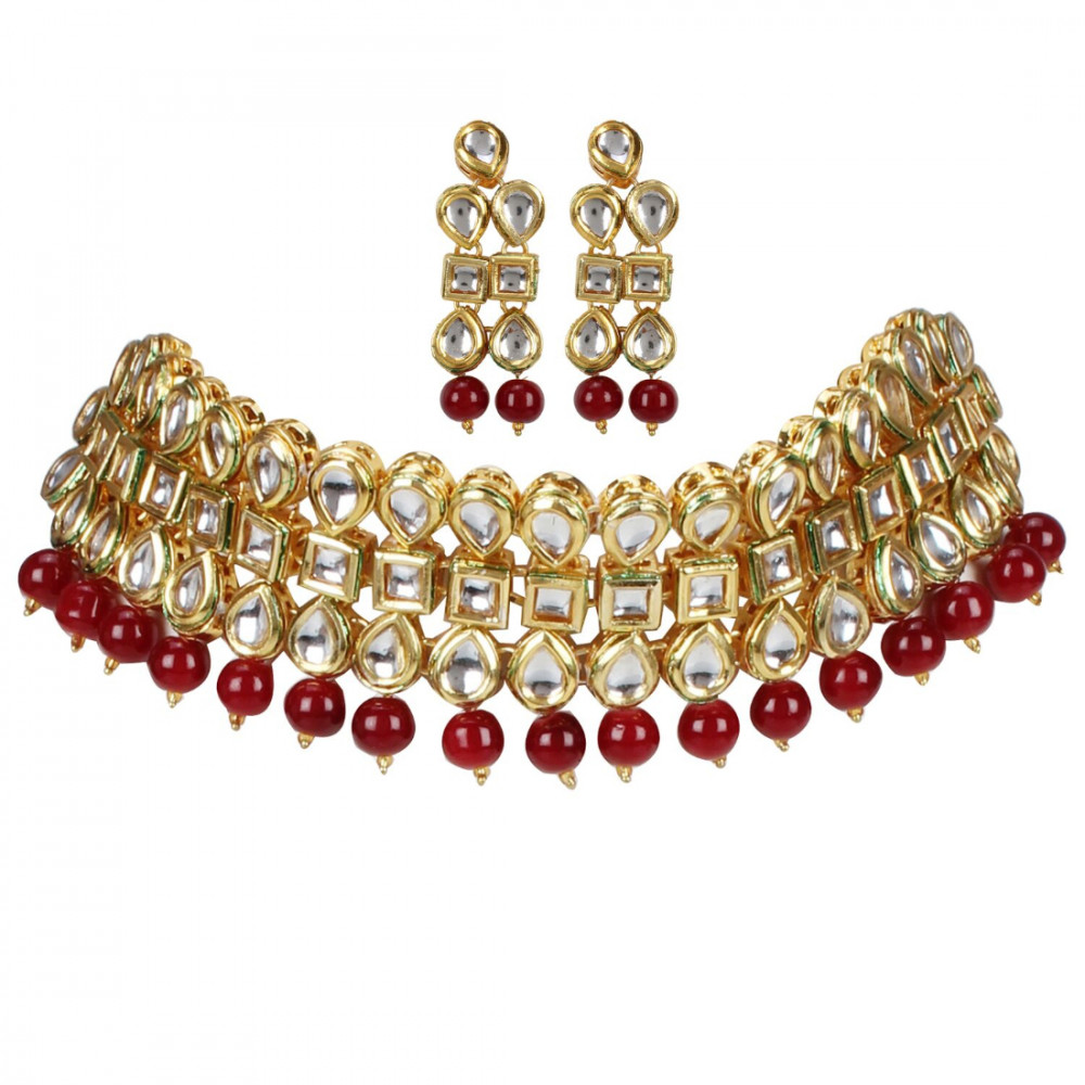 Dropship Elegant Gold Plated Bollywood Inspired Maroon Traditional Kundan Necklace Set