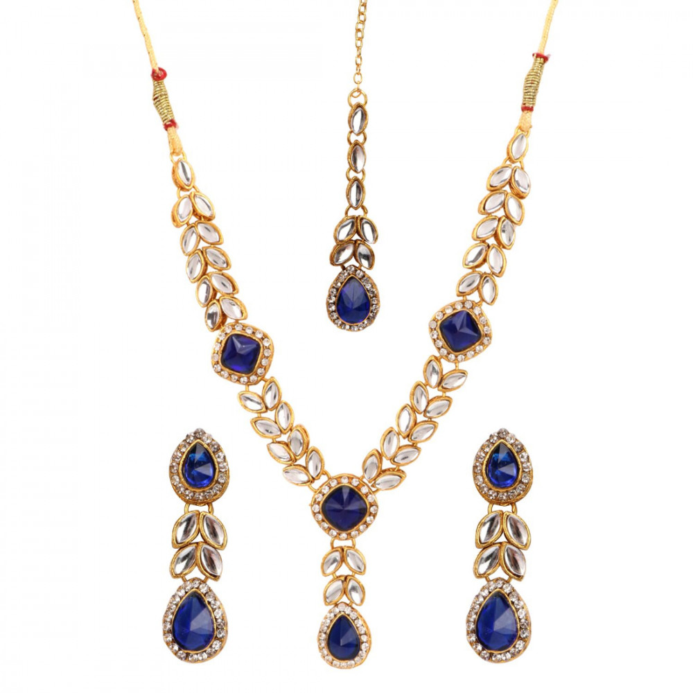 Dropship Gold Plated Blue Stone Kundan Necklace Set