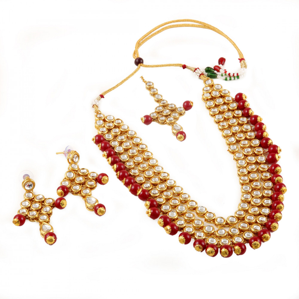 Dropship Designer Gold Plated Maroon Kundan Necklace Set