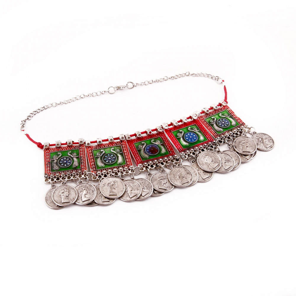 Dropship Oxidised Silver Plated Meena Work Choker Necklace