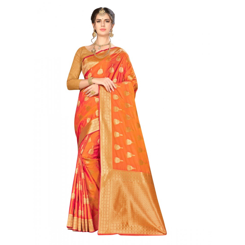 Dropship Women's Banarasi Silk Saree (Orange, 5-6mtrs)