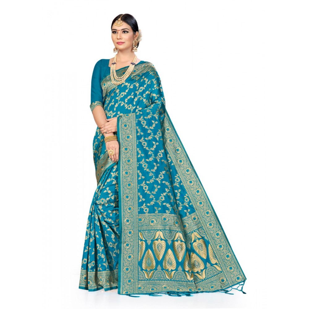 Dropship Women's Banarasi Silk Saree (Sky blue, 5-6mtrs)