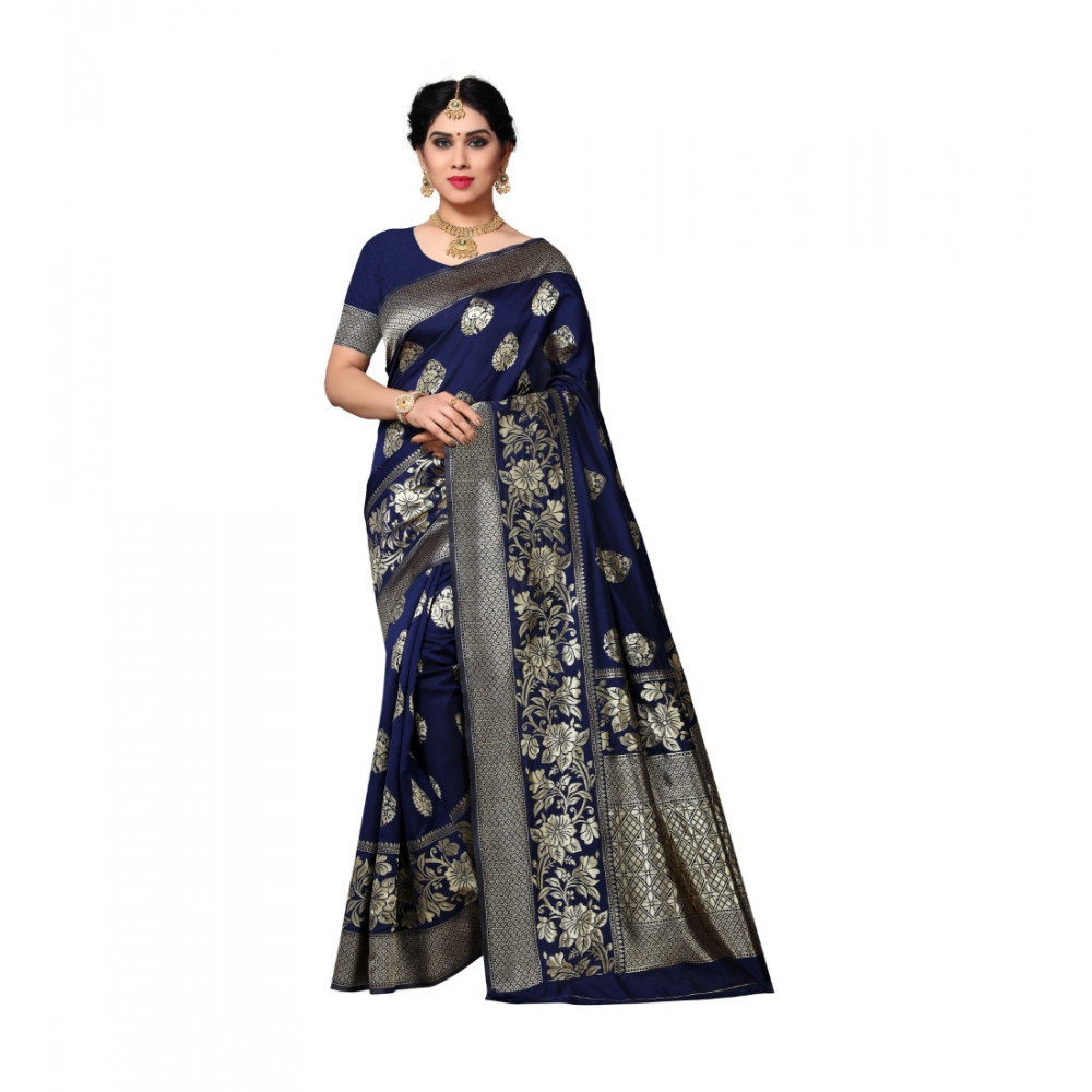 Dropship Women's Jacquard Silk Saree With Blouse (Nevy Blue,6-3 Mtrs)