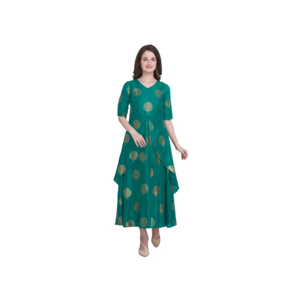 Dropship Women's Kurtis With Heavy Rayon Foil Work Long (Color:Light Green,Sleeve:Lap Over sleeve)